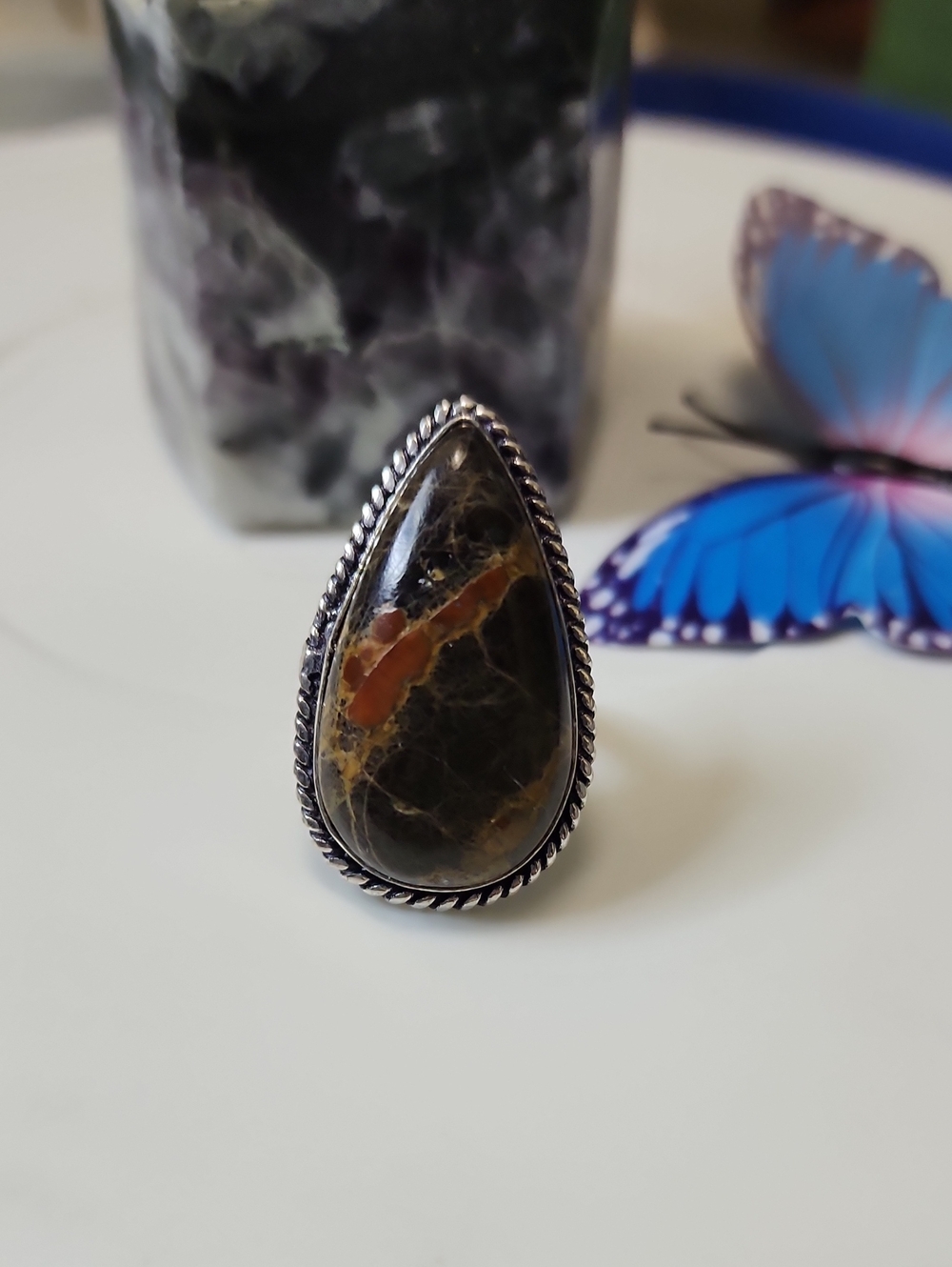 Teardrop Peanut Obsidian Statement Ring in Olive Green and Brown
